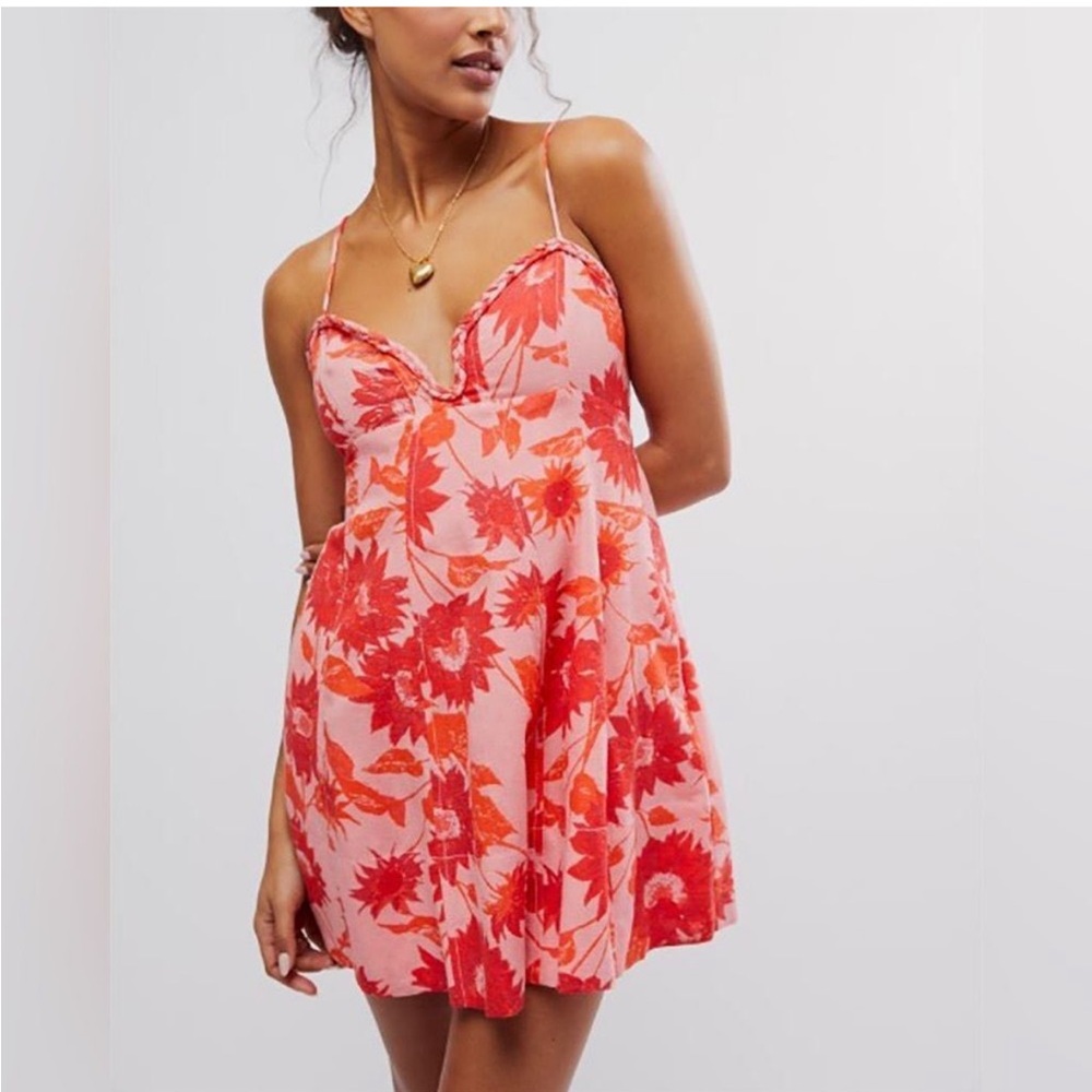 Free People Altura Printed Mini Dress Linen Blend Pink Red Sz Large